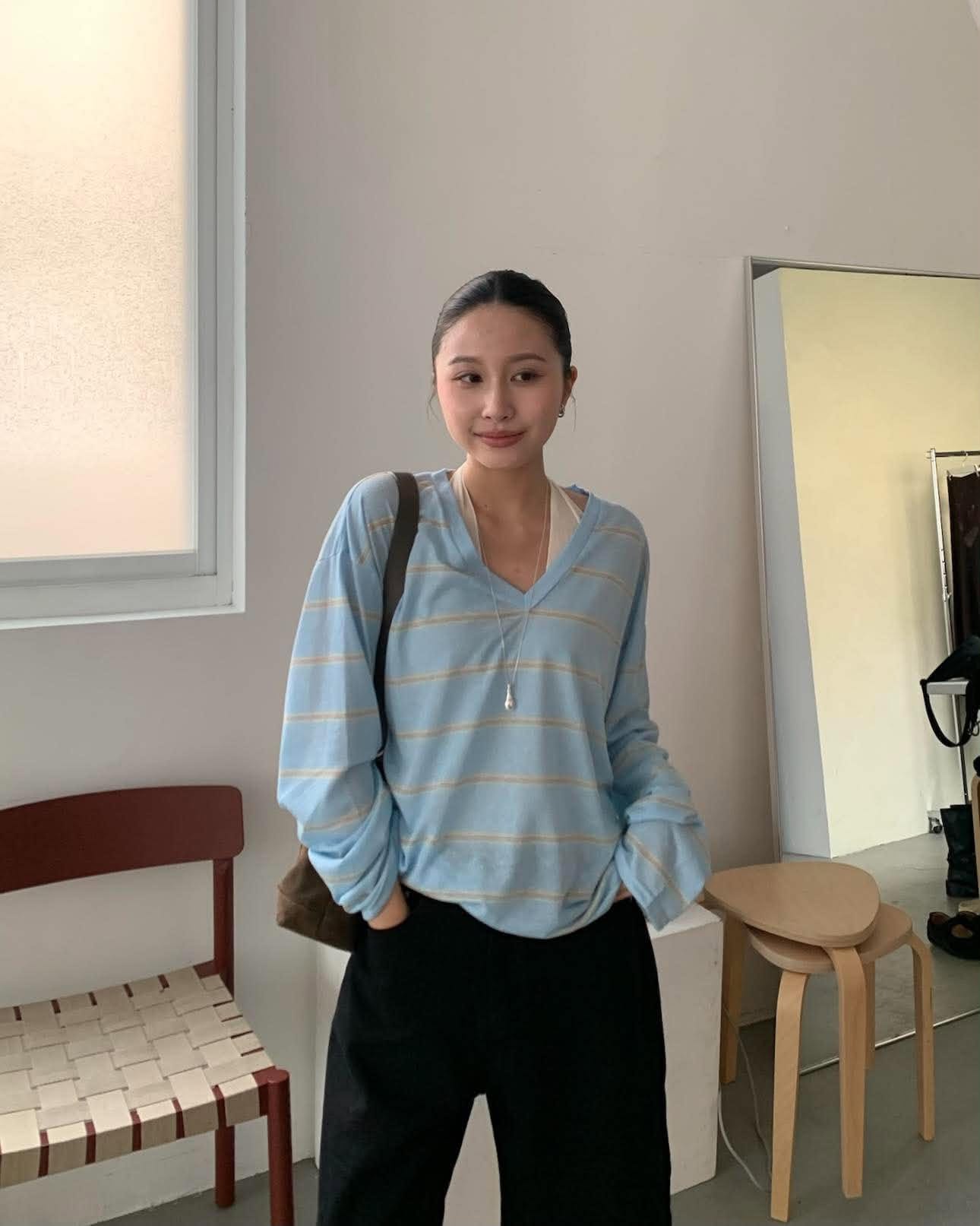 延南洞V領條紋上衣 (藍)