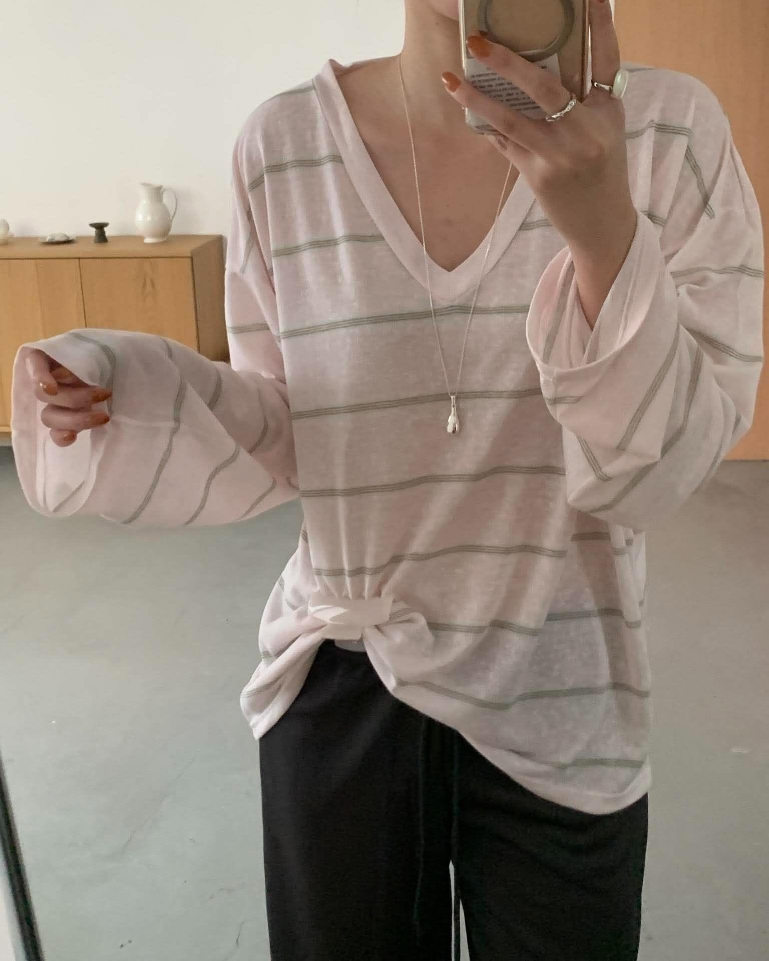 延南洞簡約V領條紋上衣 (粉)