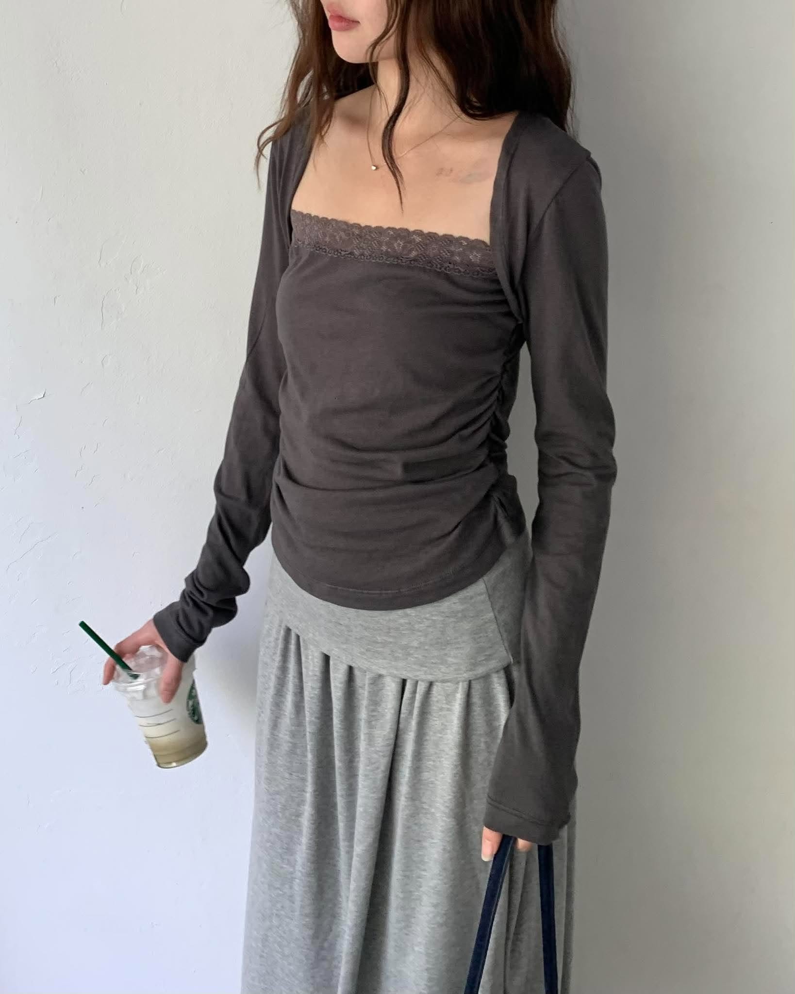 蕾絲抓皺腰身上衣 (炭灰)